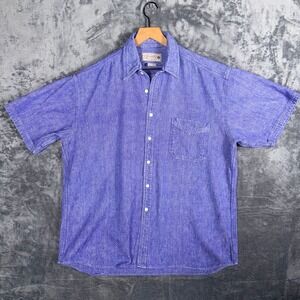 Pure Stuff Mens Button Down Shirt XL Blue Chambray Short Sleeve 100% Cotton